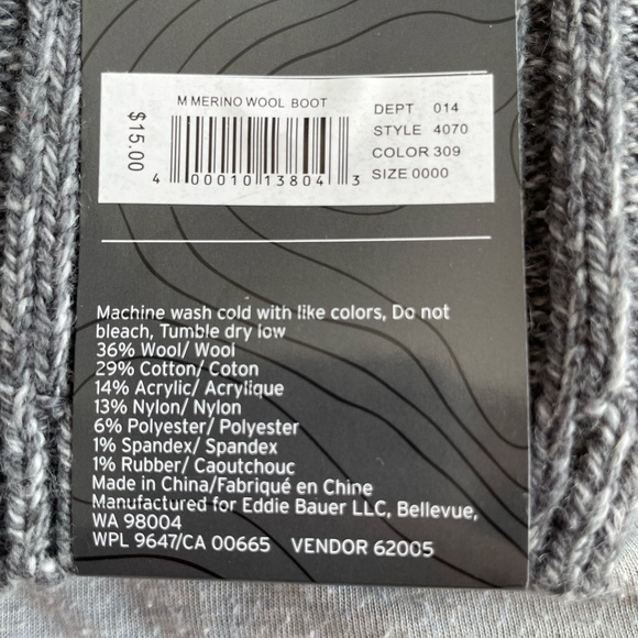 NWT Eddie Bauer Men’s Gray/Green Toe Wool Merino Crew Socks - Picture 2 of 2